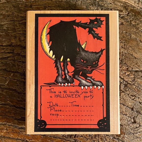 🌙🐈⬛Vintage🌙🐈⬛Halloween Party Invitation Wood Block Rubber Stamp - Picture 2 of 7
